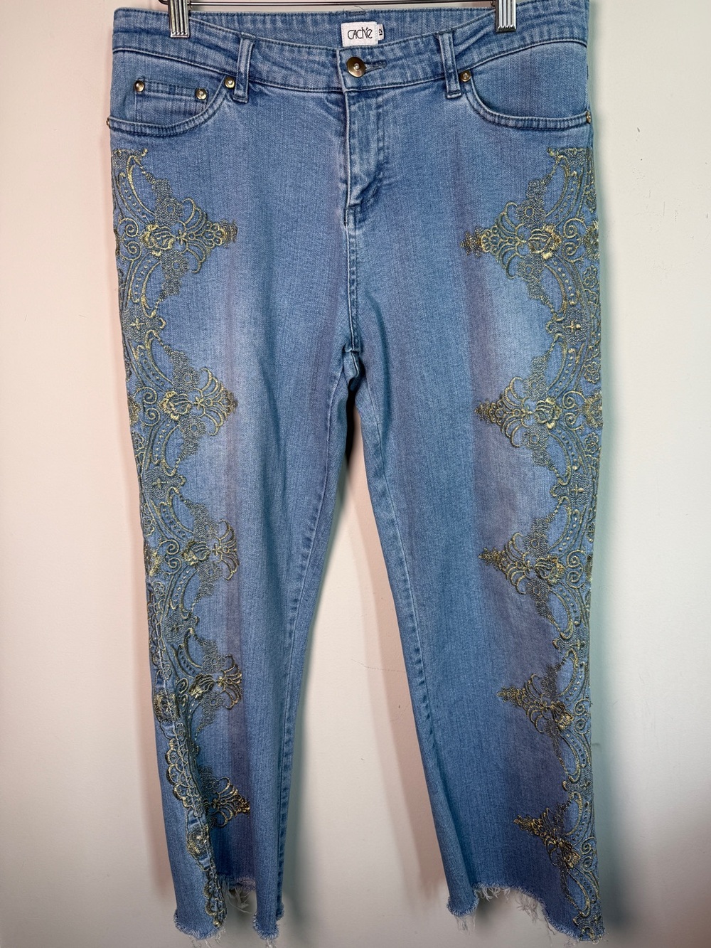 Cache Gold Embroidered Baroque Skinny Jeans Boho Western Sz 12